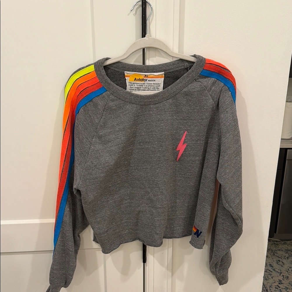 Aviator Nation Gray Rainbow Stripe Sweatshirt